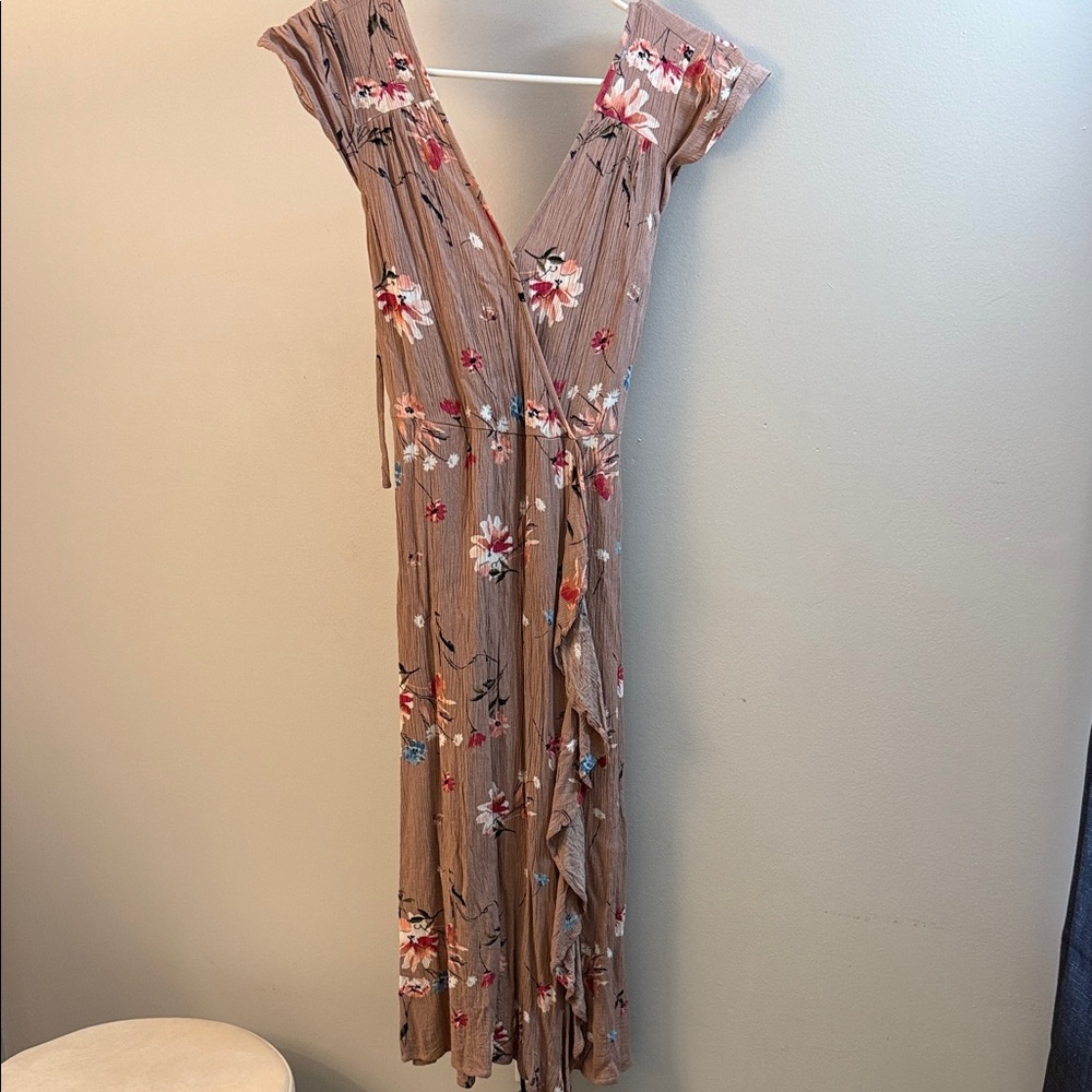 Band of Gypsies Brown Floral Wrap Maxi Dress with Red & Blue Blooms